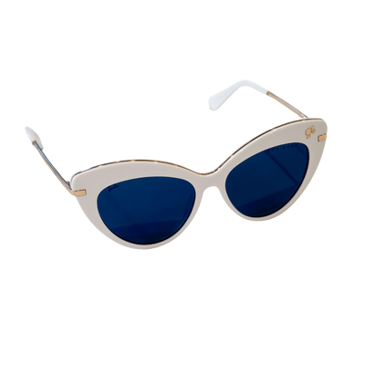 Barbie women's cat eye sunglasses with blue lenses, white frame and gold accents.