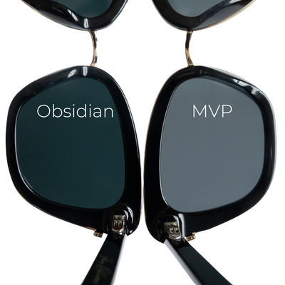 Two pairs of sunglasses, one labeled "MVP" and one labeled "Obsidian".