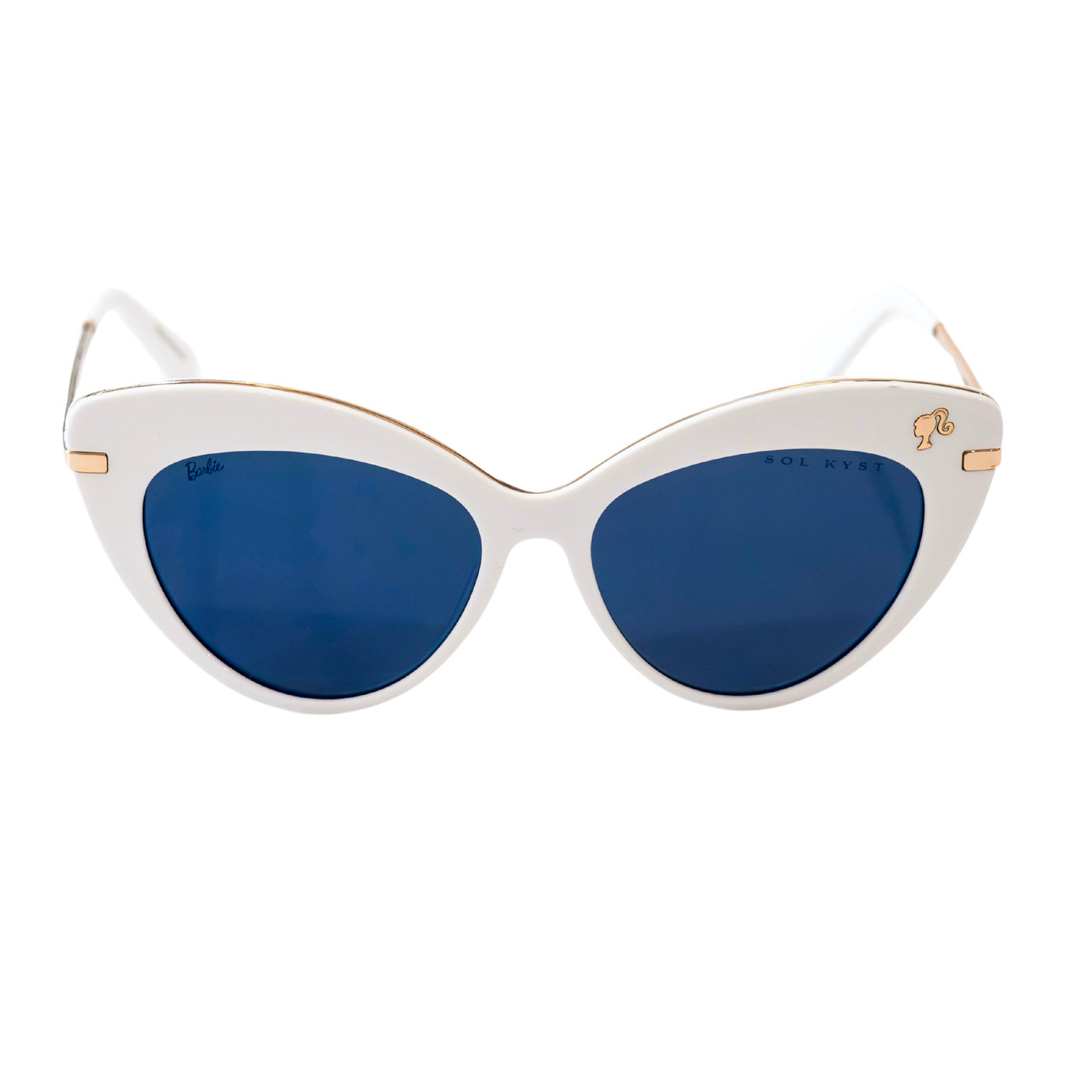 Barbie women's cat eye sunglasses with blue tinted lenses and a white frame - front view.