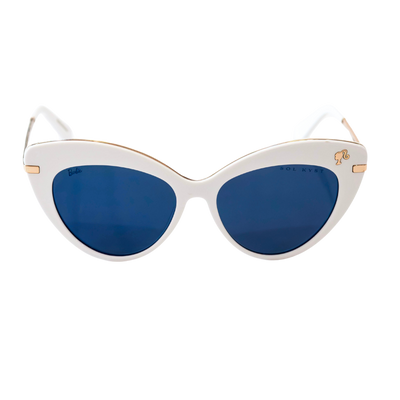 Barbie women's cat eye sunglasses with blue tinted lenses and a white frame - front view.