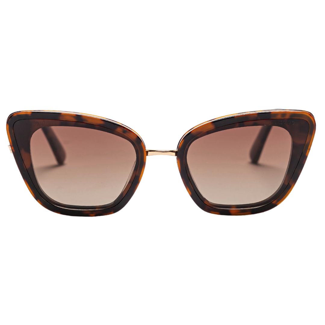 Tortoise cat eye sunglasses with polarized brown lenses and a gold nose bridge, highlighting their unique angular design.