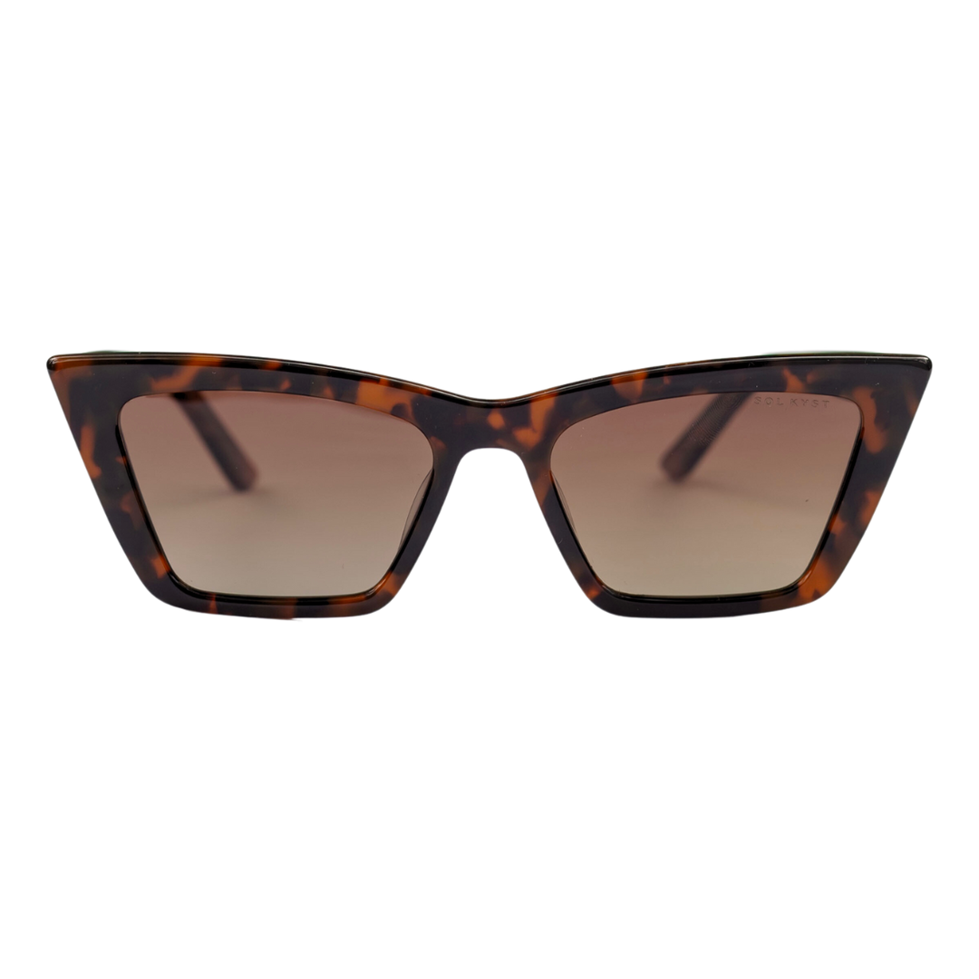 women's trapezoid sunglasses with tortoise frame and orange gradient lenses - front view.