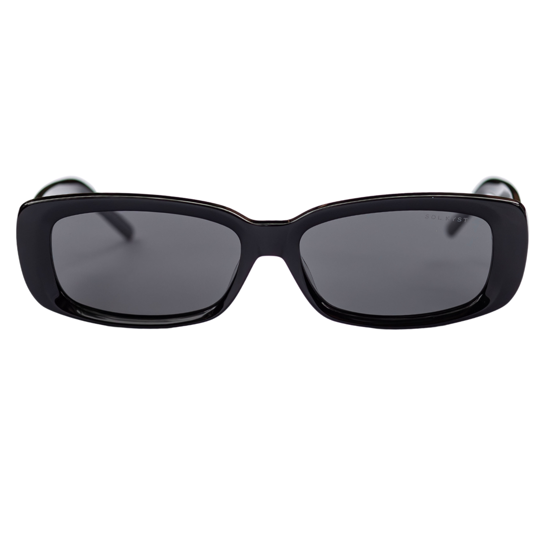 Sol Kyst women's rectangle sunglasses with black frames and dark tinted lenses - front view.