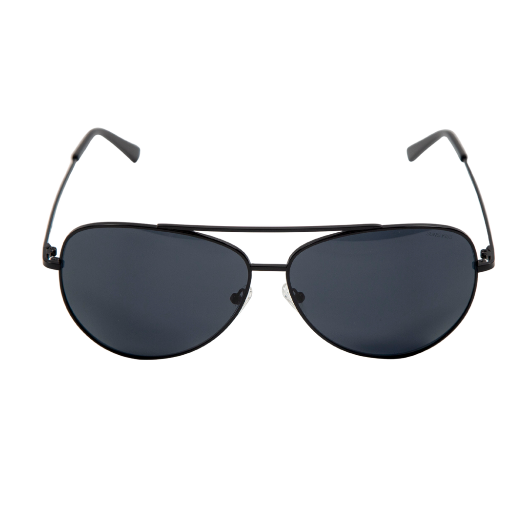 Sol Kyst women's aviators with black frames and dark blue tinted lenses - front view.