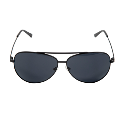 Sol Kyst women's aviators with black frames and dark blue tinted lenses - front view.