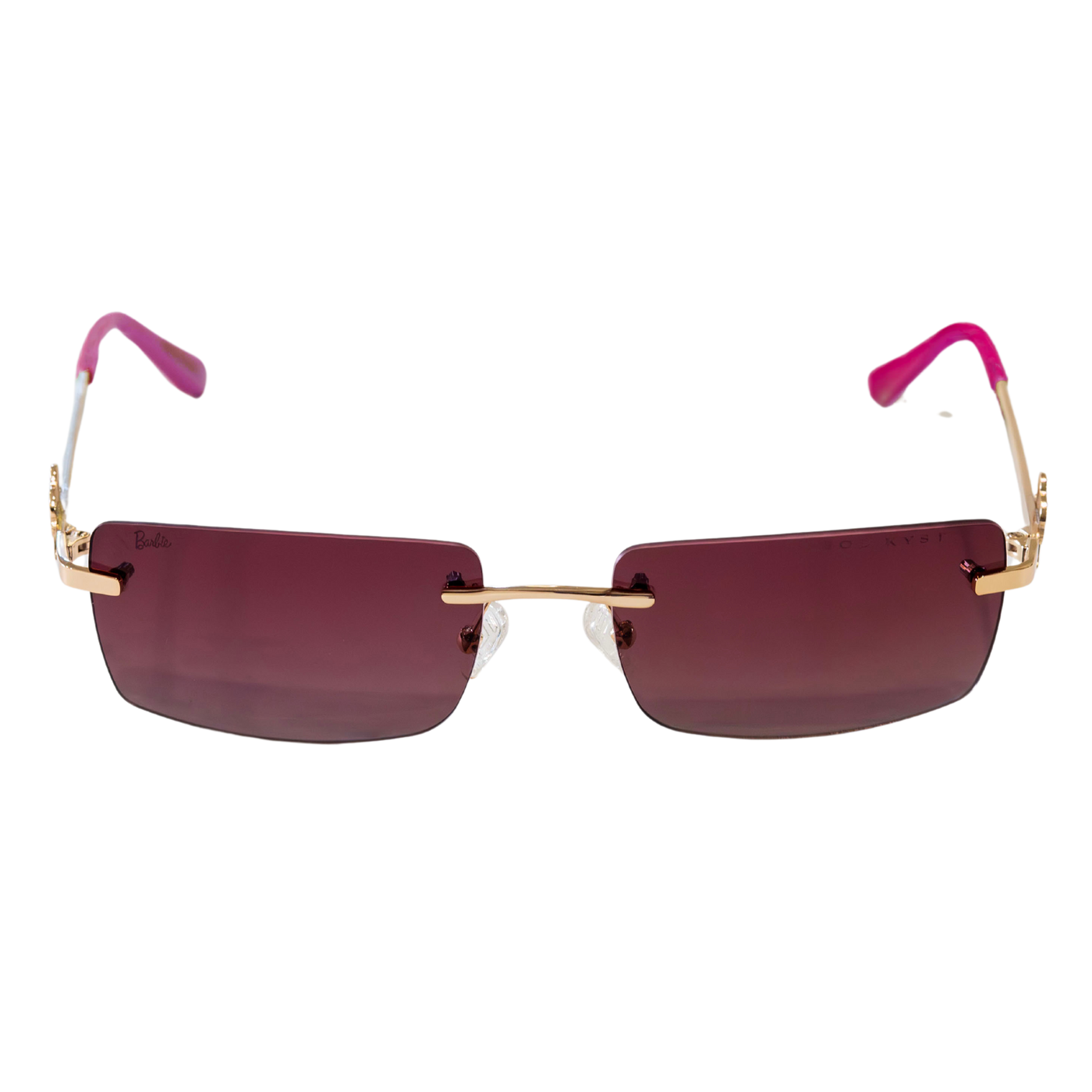 Barbie rimless sunglasses with pink tinted lenses, gold accents, and pink ear tips.