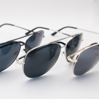 Three women's aviator sunglasses in various colours - front view.