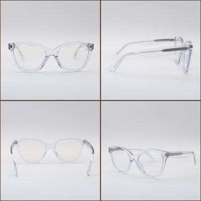 Four angles of Blue Light glasses featuring clear frames and blue light blocking clear lenses, shown on a white background.