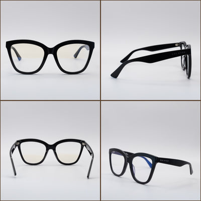 four angles of women's blue light glasses with black frames and clear lenses.