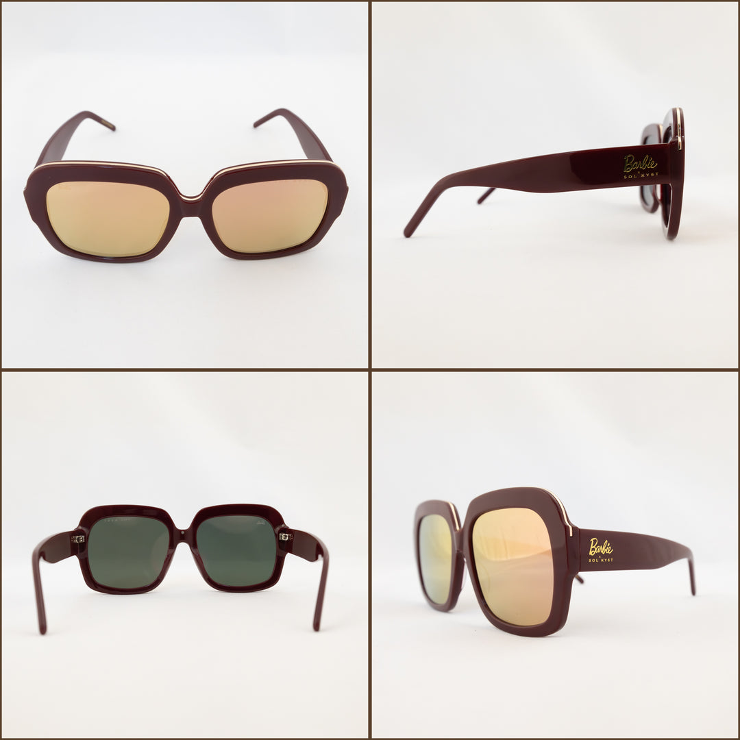 Four angles of Barbie Sol Kyst square sunglasses in burgundy with gold reflective lenses, displayed against a white background.