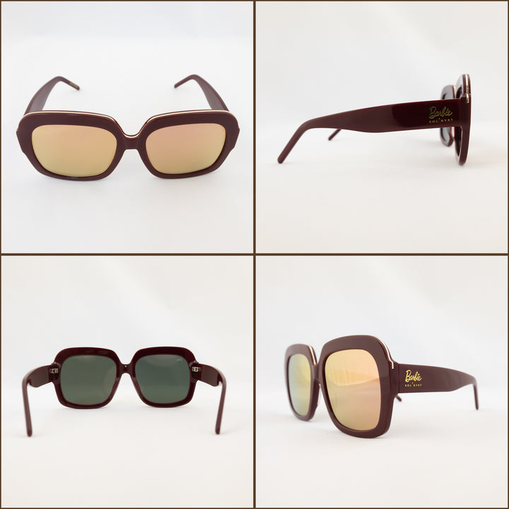 Four angles of Barbie Sol Kyst square sunglasses in burgundy with gold reflective lenses, displayed against a white background.
