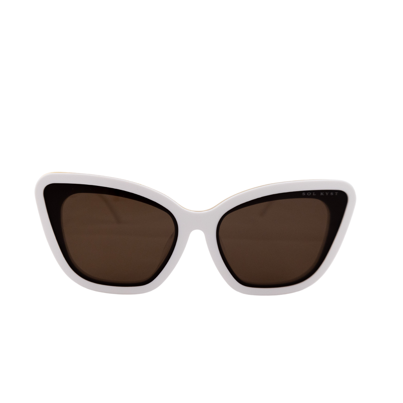 Close-up view of Sol Kyst Bridal Collection sunglasses featuring a white acetate frame and soft square cat-eye design with brown lenses.