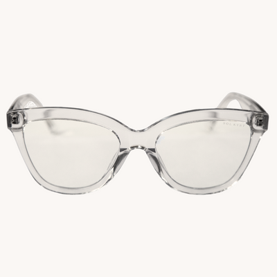 Women's blue light glasses with clear lenses and a clear frame - front view.