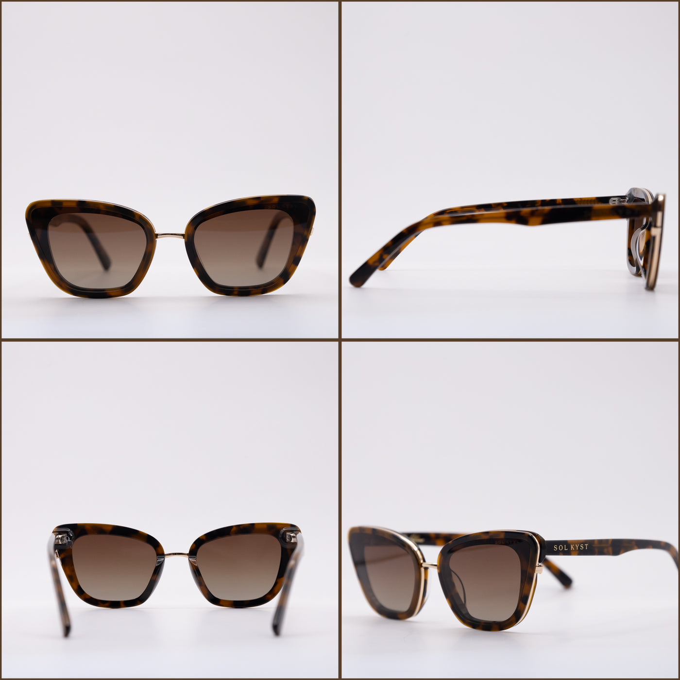 Close-up of tortoise cat eye-frame sunglasses with gradient lenses, shown from front, side, and angled views against a white background.