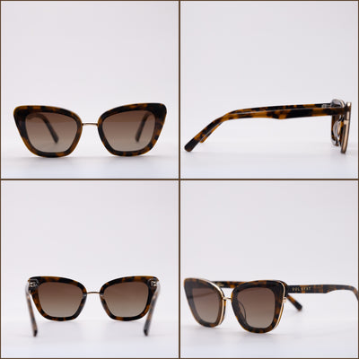 Close-up of tortoise cat eye-frame sunglasses with gradient lenses, shown from front, side, and angled views against a white background.