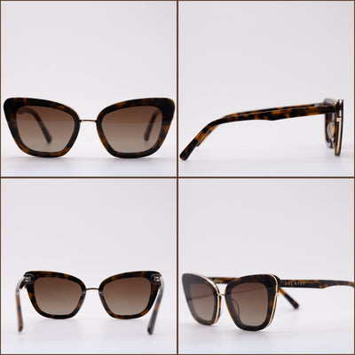 Detailed views of tortoise-pattern cat eye sunglasses with subtle gold accents and gradient lenses, displayed in four angles.
