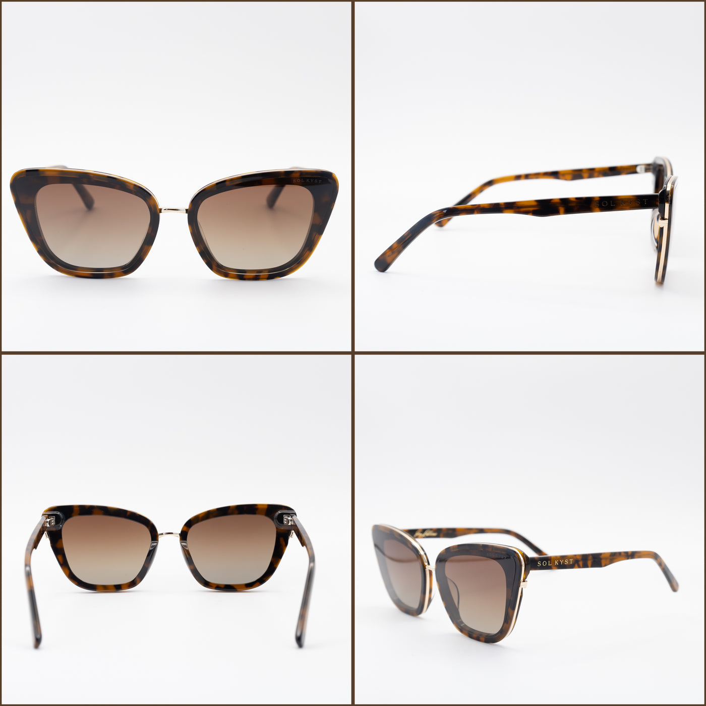Four views of tortoise square-frame sunglasses with gradient lenses, showcasing front, side, back, and angled views on a white background.