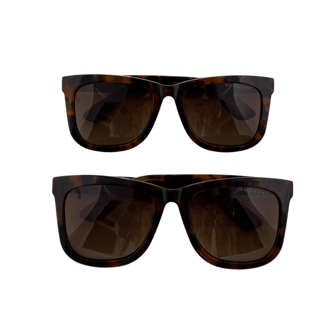 Two stacked Sol Kyst women's square sunglasses with tortoise frames and brown tinted lenses.