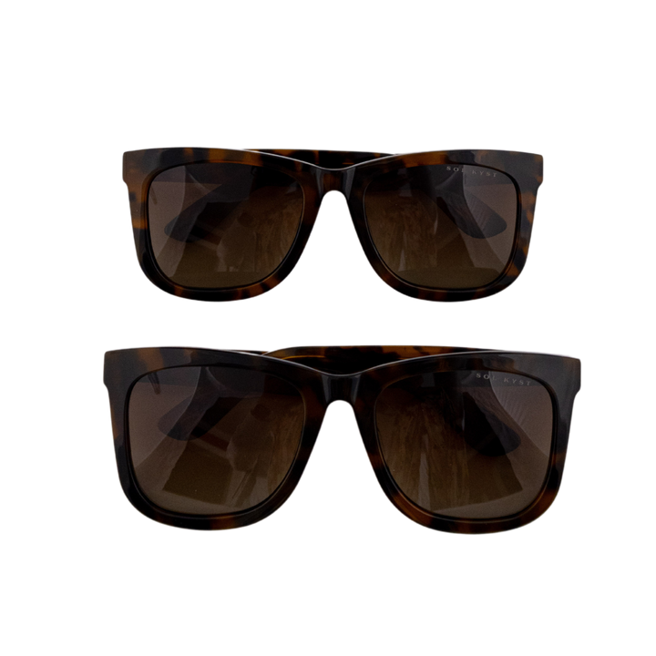 Two stacked Sol Kyst women's square sunglasses with tortoise frames and brown tinted lenses.