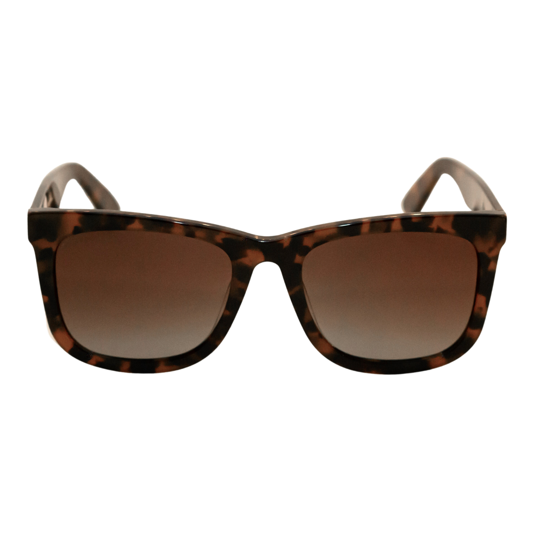 Tortoise-patterned square sunglasses with gradient brown-tinted lenses, showcasing a bold and classic frame design.