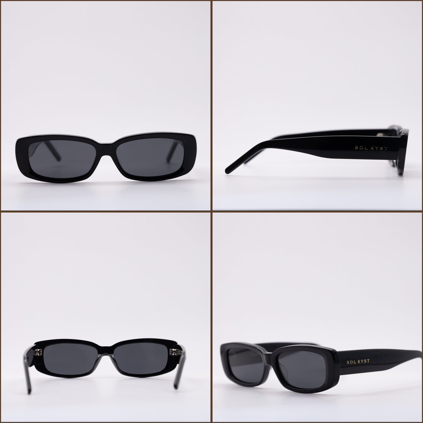 Collage of rectangle Sol Kyst sunglasses showcasing various angles, featuring dark lenses and black frames.