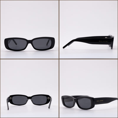 Collage of rectangle Sol Kyst sunglasses showcasing various angles, featuring dark lenses and black frames.