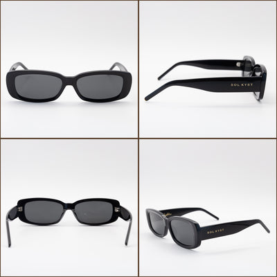 Rectangular black sunglasses with dark lenses displayed in four views, showcasing their acetate frames and branded Sol Kyst frames.