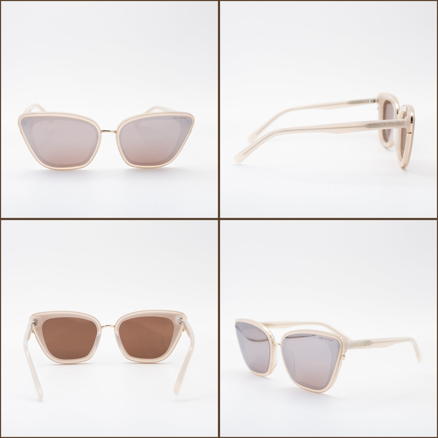 Four angles of Sol Kyst cat eye sunglasses with beige frames and brown tinted lenses  shown on a white background.