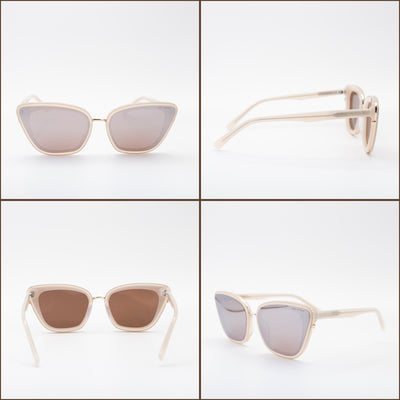 Four angles of Sol Kyst cat eye sunglasses with beige frames and brown tinted lenses  shown on a white background.