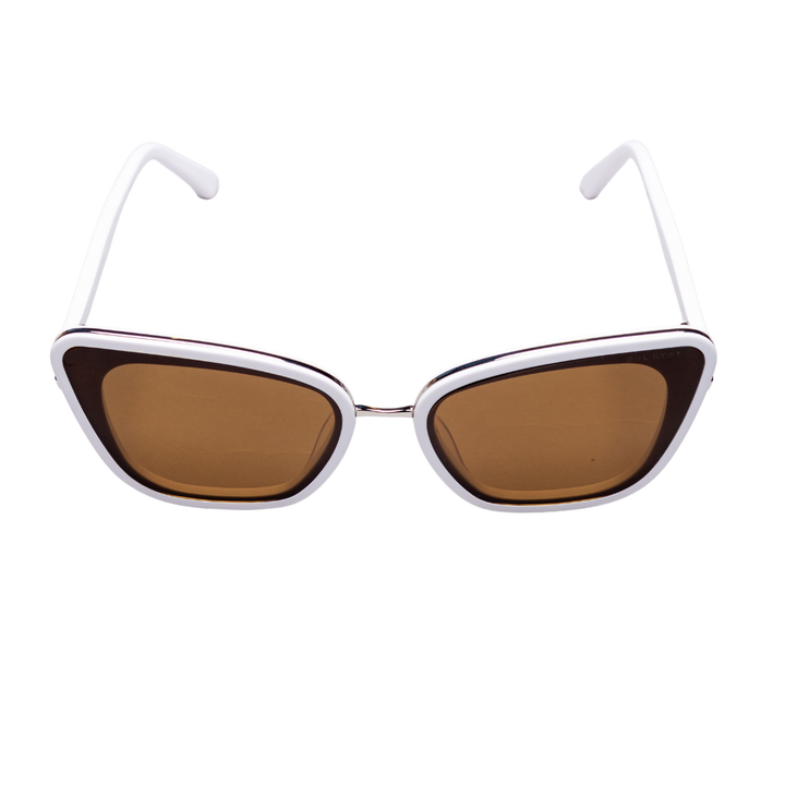 Top angle view of Sol Kyst women's cat eye sunglasses with white frames and brown tinted lenses.