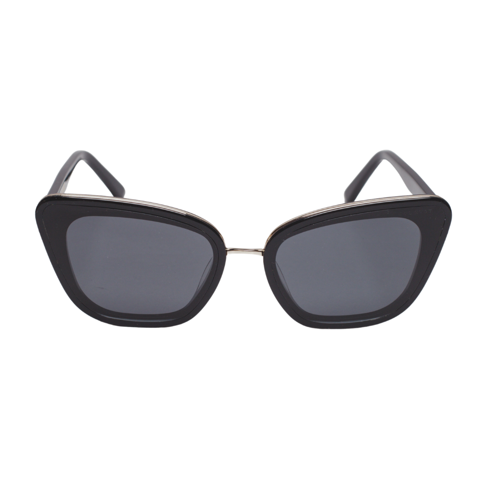 Sol Kyst women's cat eye sunglasses, with black frames and dark tinted lenses - front view.