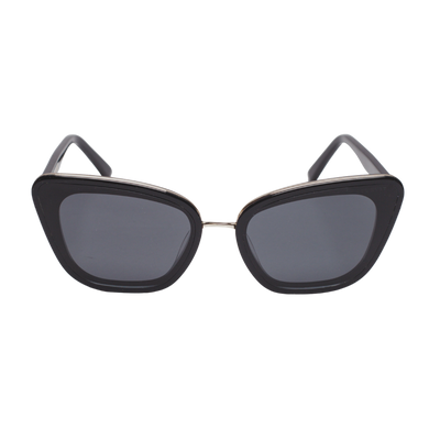 Sol Kyst women's cat eye sunglasses, with black frames and dark tinted lenses - front view.